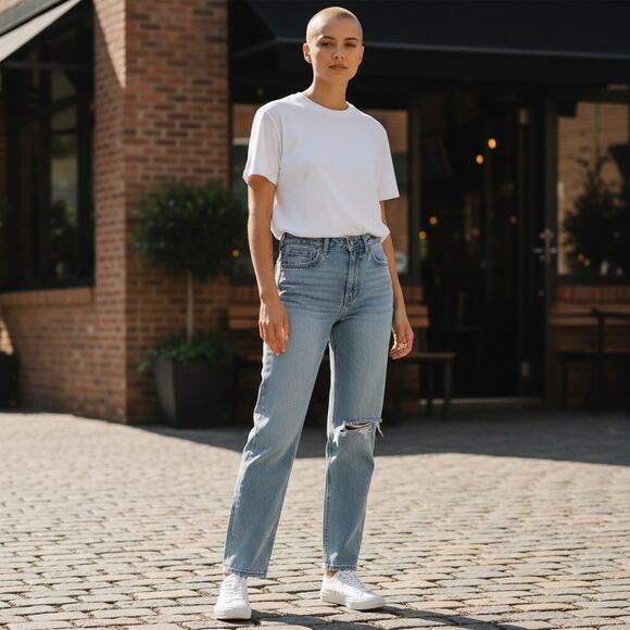 PacSun Women's Y2K Eco Medium Blue Distressed Dad Button Fly Jeans - Size 23 - Picture 1 of 9